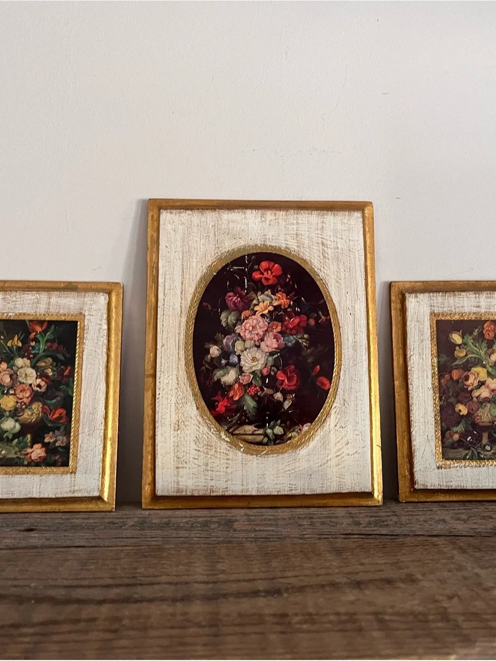 Set of 3 Italian Floral Wall Art Prints in Gold and Cream Frames
